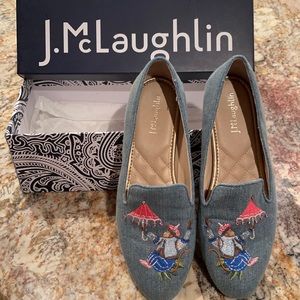 J McLaughlin Jax Embro Embellishec Flats Chambray. Monkey with Umbrella size 6